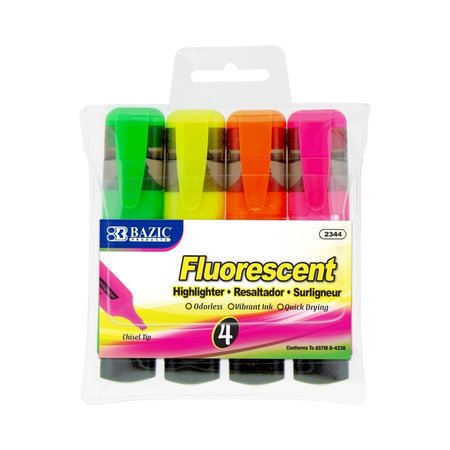 BAZIC PRODUCTS Fluorescent Highlighters with Pocket Clip; Pack of 4 - Case of 24 2344